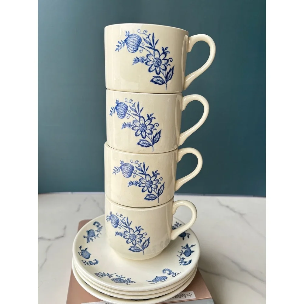 Vintage USA Blue Onion SCIO Tea Cup and Saucer Set of 4 Floral White Blue